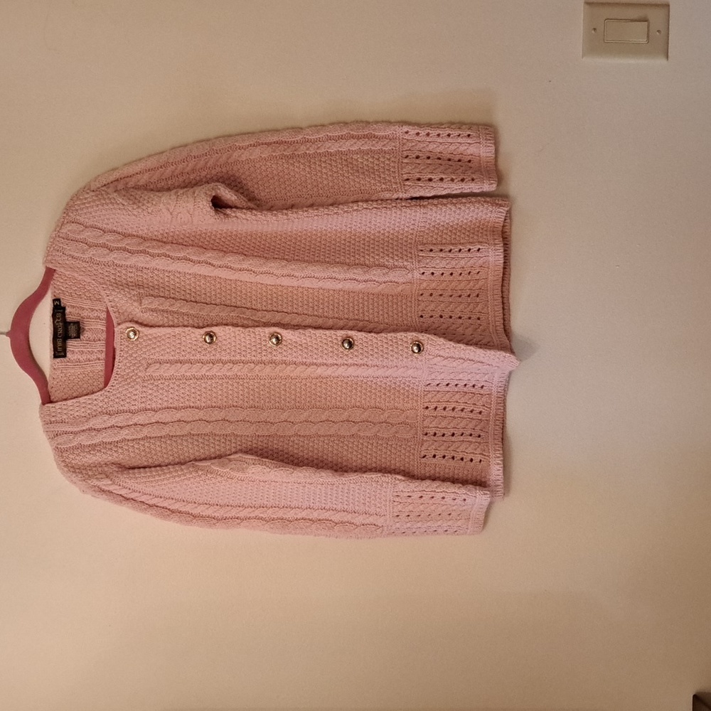 Inis crafts 100 per cent merino sweater cardigan in pink medium from ireland